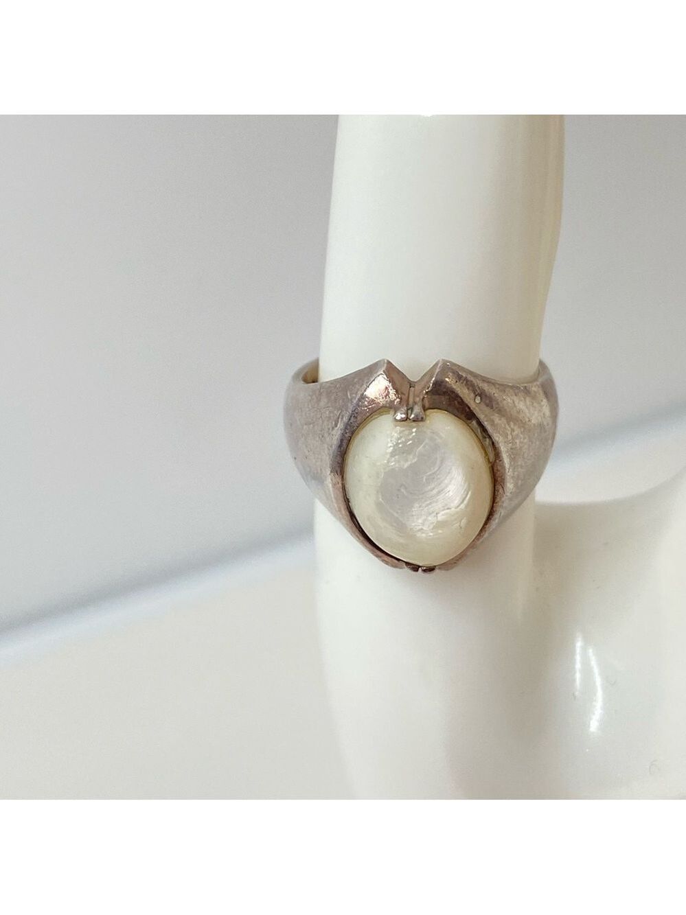 Vintage Brutalist Pearl Sterling Silver Ring Size 8 Mid Century Modern Jewelry